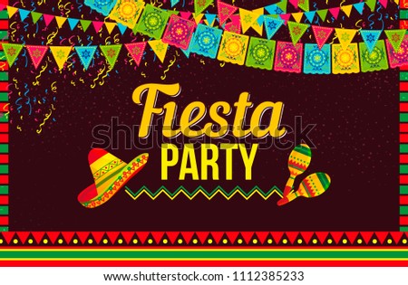 Stylish vector design of poster with Fiesta party invitation in layout with sombrero hats and shakers on brown background