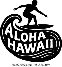 Um design vetorial elegante mostrando Aloha Havaí com um surfista masculino andando ondas oceânicas. Ideal para gráficos de camiseta, mercadorias de férias, marca com tema de surf e projeto de verão tropical.