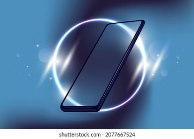 Diseño vectorial elegante sin móvil ni brillante círculo plateado sobre fondo azul oscuro borroso