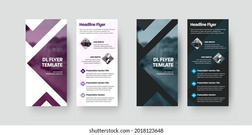 Stylish vector dl flyer template with triangular photo inserts, purple,gray elements, brochure design isolated on background. Cover layout for information, business concept, for advertising, promotion