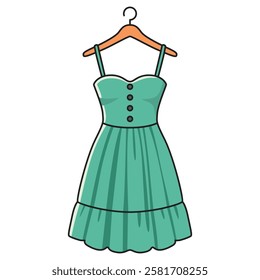 A stylish vector drawing of a blue dress elegantly displayed on a hanger. 