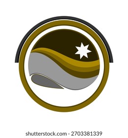 Elegante emblema de Vector con ondas doradas en capas, una estrella brillante y suaves Formas grises dentro de un marco circular, que representa la creatividad, la armonía y el diseño abstracto moderno para el uso de microstock.