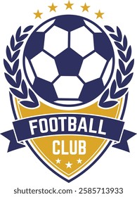 Stylish vector emblem for a football club featuring a ball, laurel wreath, five stars, and a ribbon banner with FOOTBALL CLUB in white on a blue background, perfect for sports branding