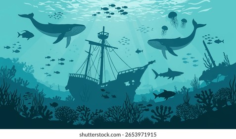 Ilustração elegante em forma de vetor retratando um misterioso mundo subaquático repleto de vida marinha e um naufrágio abandonado. 