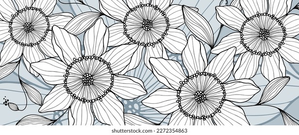 Stylish vector floral background with beautiful flowers, branches and leaves for decor, covers, backgrounds, postcards