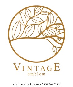 Stylish vector floral monogram isolated, graphic design leaves logo or emblem in a shape of circle, template for boutique or hotel or salon logo, classical style linear element.
