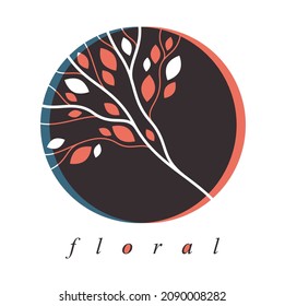Stylish vector floral monogram isolated, graphic design leaves logo or emblem in a shape of circle, template for boutique or hotel or salon logo, classical style linear element.