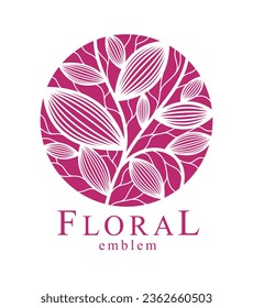 Stilvolles, blumengeschmücktes Monogramm, grafisches Design hinterlässt Logo oder Emblem in Form eines Kreises, Vorlage für Boutique- oder Hotel- oder Salonlogo, klassisches lineares Element.