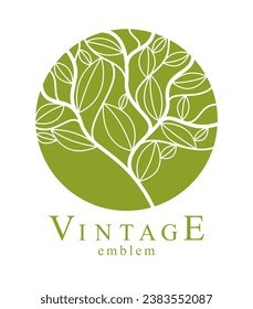 Stylish vector floral monogram isolated, graphic design leaves logo or emblem in a shape of circle, template for boutique or hotel or salon logo, classical style linear element.