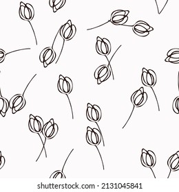 Stylish vector floral seamless texture. Abstract background with simple hand-drawn tulips in black and white. Trendy, ornament, elegant repeat design for decor, fabric, wallpaper, wrapping paper,tiles