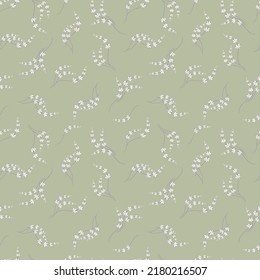 Elegante textura vectorial floral sin costuras, con ramas pequeñas delgadas y flores blancas sobre un cálido fondo de oliva. Papel de la pared al estilo de la libertad. Elegante diseño de repetición para decoración, tela, impresión