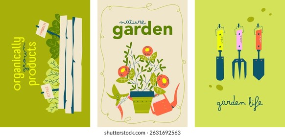 Carteles de Vector con estilo con letras e ilustraciones de herramientas, flores y verduras. Ideal para agricultura orgánica, naturaleza y jardinería visual