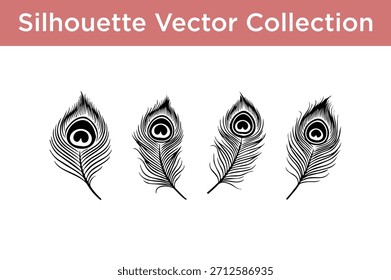 Eine stilvolle Vektorgrafik-Kollektion mit eleganten schwarzen Pfau-Feder-Silhouetten, perfekt für verschiedene Designprojekte und dekorative Elemente.
