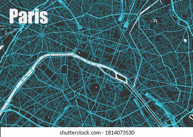 Stylish vector high-tech map of Paris. with blue streets