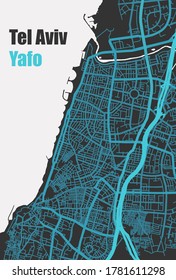 Elegante mapa vectorial de alta tecnología de Tel Aviv - Yafo. con calles azules