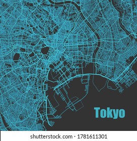 Stylish vector high-tech map of Tokyo, Japan. with blue streets