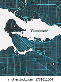 Stylish Vector High-tech Map Of Vancouver, BC. With Blue Streets