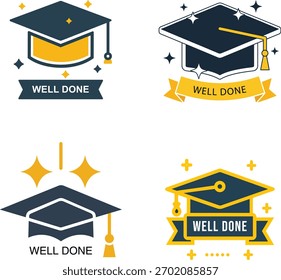 Stylish vector icon set featuring graduation caps, academic badges, and education success symbols, ideal for certificates, school branding, student rewards, and achievement graphics
