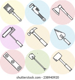 Stylish vector icons for woodwork tools. Flat circle striped colored vector icons set with black outline elements for construction or repair woodwork and hand tools on white background.