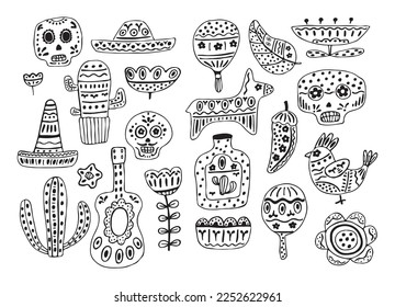 Stylish vector illustration about Mexico. Icons set, design element. Collection Traditional Mexican symbols maracas, mexican guitar, Mexican skull, sombrerero,cacti, pinata, red pepper. Vector
