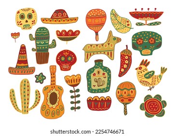 Stylish vector illustration about Mexico. Icons set, design element. Collection Traditional Mexican symbols maracas, mexican guitar, Mexican skull, sombrerero,cacti, pinata, red pepper. Vector