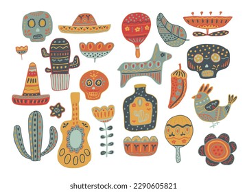 Elegante ilustración vectorial de México. Conjunto de iconos, elemento de diseño. Colección Símbolos tradicionales mexicanos: maracas, guitarra mexicana, cráneo mexicano, sombrerero, cacti, pinata, pimiento rojo. Vector