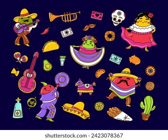 Stylish vector illustration about Mexico. Collection Traditional Mexican symbols maracas, Mexican guitar, Latin dancers. Hispanic skull, sombrero,cacti, pinata, red chili pepper. Cinco de Mayo