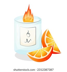 Stylish vector illustration of an aromatic wax candle with orange fragrance. Aromatic burning decorative candle . Isolated vector illustration for the design of posters, postcards, patterns.meditation