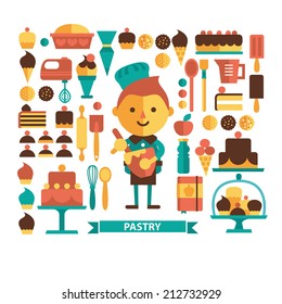 Stylish vector illustration of baker and pastries. Confectioner surrounded sweets and dishes. Image for websites, applications, menus or stickers.