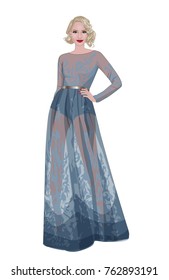 Stylish vector illustration of beautiful blond young woman with short retro hairstyle in blue long evening dress with gold belt. Realistic cartoon lady in party gown. Full body model