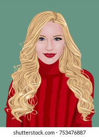 Stylish Vector illustration of beautiful blonde woman with long curly hair and red lipstick in Christmas sweater. Realistic cartoon girl with smile on face isolated under green background