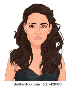 Stylish vector illustration of beautiful brunette young woman with long curly hairstyle in black evening dress. Cartoon portrait of sexy lady isolated under white background