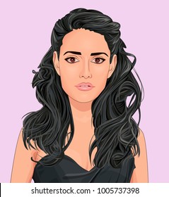 Stylish vector illustration of beautiful charming  brunette woman with charming face and long curly hair.Realistic cartoon portrait of young lady with evening hairstyle isolated under pink background