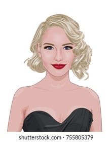 Stylish vector illustration of beautiful platinum blonde young woman with short elegant curly hairstyle. Realistic cartoon portrait of gorgeous smiling lady with red lipstick in black evening gown