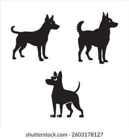 A stylish vector illustration of a black dog set, featuring multiple dog poses and expressions. Perfect for logos, branding and creative projects.
