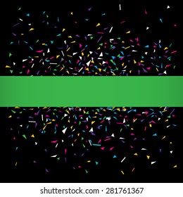Stylish vector illustration of a black party background with colorful confetti and green silky ribbon for your text. Can be used as a greeting card template