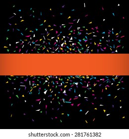 Stylish vector illustration of a black party background with colorful confetti and deep orange ribbon for your text. Can be used as a greeting card template