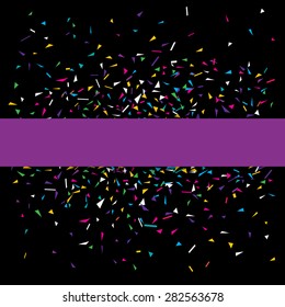 Stylish vector illustration of a black party background with colorful confetti and purple ribbon for your text. Can be used as a greeting card template