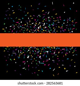 Stylish vector illustration of a black party background with colorful confetti and deep orange stripe for your text. Can be used as a greeting card template
