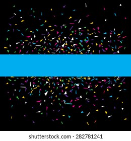 Stylish vector illustration of a black party background with colorful confetti and blue stripe for your text. Can be used as a greeting card template