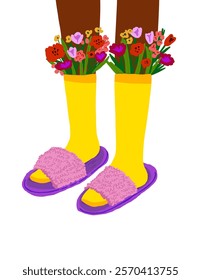 Stylish vector illustration of black-skinned woman’s legs wearing colorful socks filled with flowers. Perfect for Valentine’s Day, spring, or women’s birthday postcards. Trendy hipster design