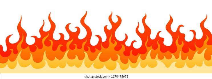 Stylish vector illustration with blazing wall of wildfire. Decoration frame with hot burning fire flame in red, orange and yellow colors isolated on white background for flammable web design