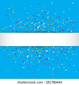 Stylish vector illustration of a blue party background with colorful confetti and white silky ribbon for your text. Can be used as a greeting card template