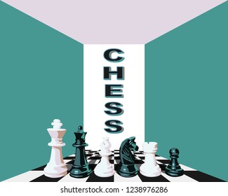 Stylish vector illustration of a board game of chess with six chessmen. Chess on a chessboard with a volume chess inscription. For schools on board games.Chessmen in black and white.Chess - a strategy
