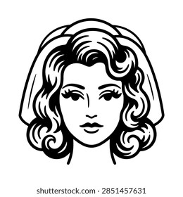 A stylish vector illustration of a bride featuring a retro hairstyle and veil, perfect for wedding invitations, beauty branding, or creative graphic design projects.