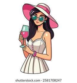 A stylish vector illustration of a brunette woman wearing a chic hat and fashionable sunglasses while sipping a refreshing cocktail.