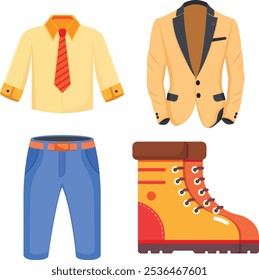 A stylish vector illustration of a complete men’s outfit, including a yellow shirt with a red tie, a beige blazer with black lapels, blue jeans with a belt, and rugged brown and orange boots.