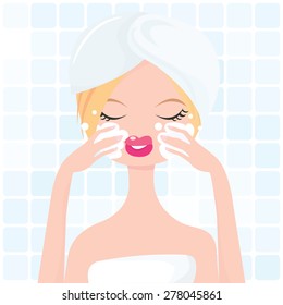 A stylish vector illustration of a cute girl washing her own face in a bathroom.