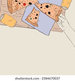 A stylish vector illustration depicting a casual pizza gathering. A hand is seen picking up a cheesy slice of pizza from a wooden table, surrounded by more slices, crumbs, and soda cans.