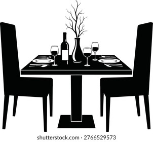A stylish vector illustration of a dining table setup with wine glasses, plates, and two chairs for a formal dining experience.